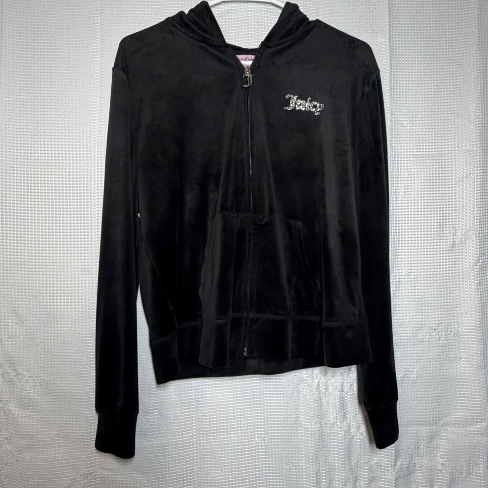Juicy Couture Velour Hoodie Black Rhinestone Logo Full Zip Y2K Track Jacket L